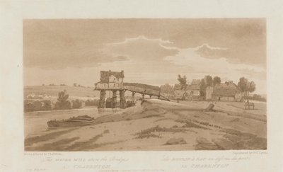 De watermolen boven de brug bij Charenton 1803; Plaat 20 uit Zichten in Parijs, het Emanuel Volume tracing van de plaat B181.25.2629 door Frederick Christian Lewis the Elder