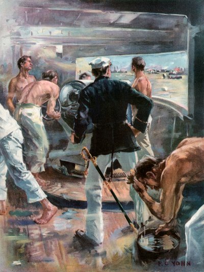 De Slag bij de Baai van Manilla.--Een zes-inch kanon vechten aan boord van de Olympia door Frederick Coffay Yohn