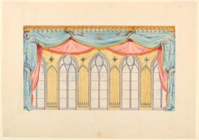 Tekening, raamdecoratie, waarschijnlijk voor de oostelijke muur van de muziekkamer, Royal Pavilion, Brighton, 1820 door Frederick Crace