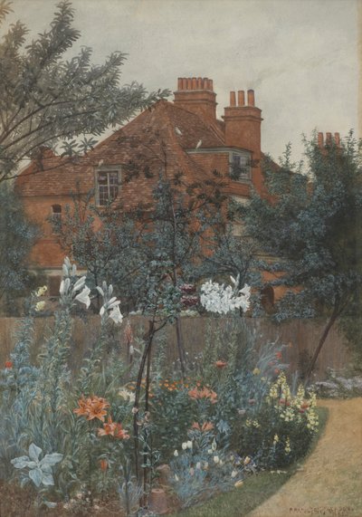 Uitzicht op een tuin in Bedford Park, 1885 door Frederick Hamilton Jackson