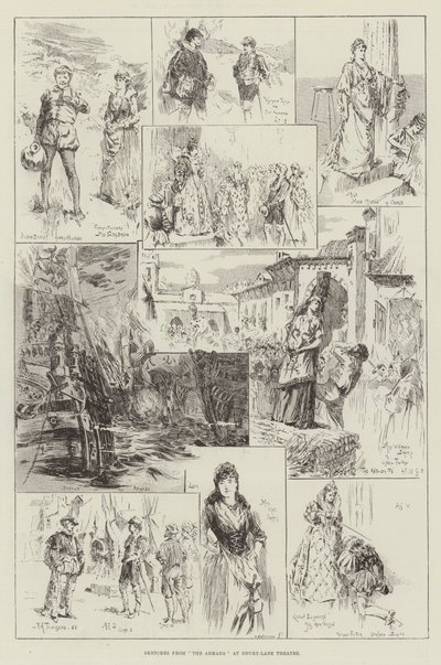 Schetsen van The Armada in Drury-Lane Theatre door Frederick Henry Townsend