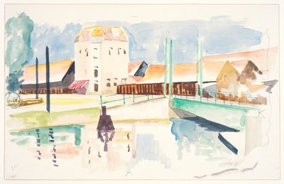 Brug en gebouwen door Frederick James Porter