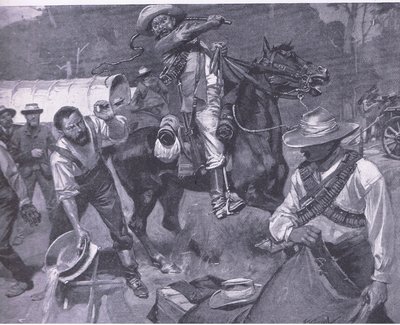 Boerenbehandeling van vredesgezanten: De geseling van Margendaal, uit After Pretoria: The Guerilla War gepubliceerd door Harmsworth Bros Limited, 1901 door Frederick Judd Waugh