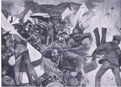 Boeren plunderen het Britse kamp in Nooitgedacht onder artillerievuur, uit After Pretoria: The Guerilla War gepubliceerd door Harmsworth Bros Limited, 1901 door Frederick Judd Waugh