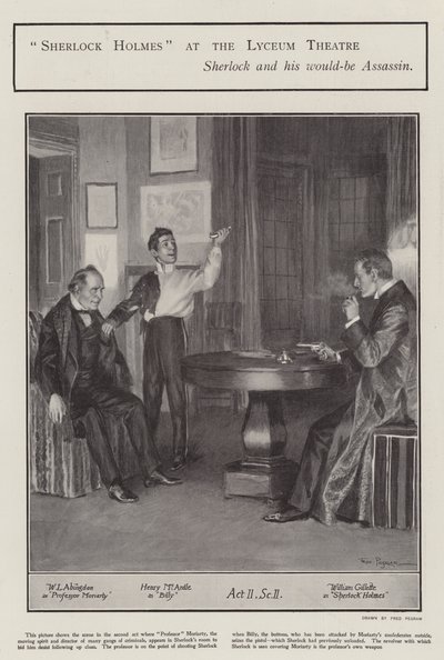Een uitvoering van Sherlock Holmes in het Lyceum Theatre, Londen (litho) door Frederick Pegram