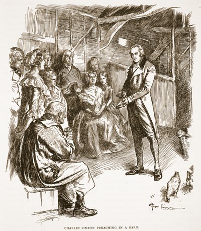 Charles Simeon predikend in een schuur, illustratie uit 