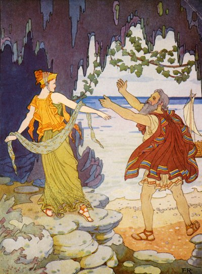Calypso nam afscheid van hem aan de kust door Frederick Richardson