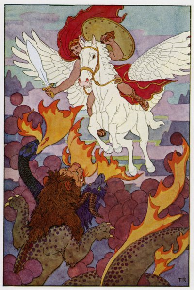 Pegasus ging recht op het driekoppige hoofd van de Chimera af door Frederick Richardson
