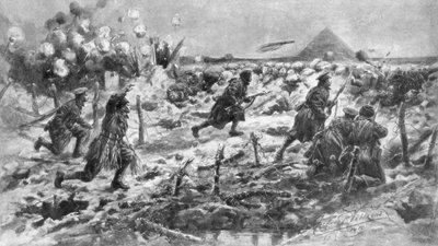 Een Britse aanval met de bajonet en granaat, Neuve-Chapelle, Frankrijk, 10 maart 1915 door Frederick Villiers