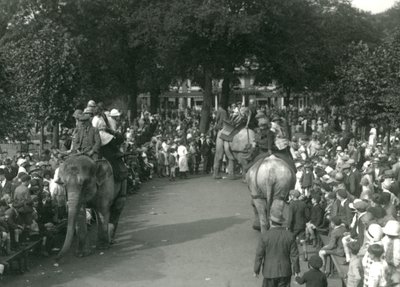 Olifantenritten, met drie Aziatische olifanten bekeken door menigten toeschouwers in London Zoo in augustus 1926 door Frederick William Bond