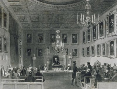 Uitzicht op het Interieur van Somerset House, met een Vergadering van de Koninklijke Antiquarische Vereniging, ca. 1840 door Frederick William Fairholt