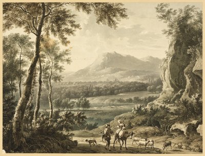 Italiaans landschap met reizende boeren op de voorgrond door Frederick de Moucheron