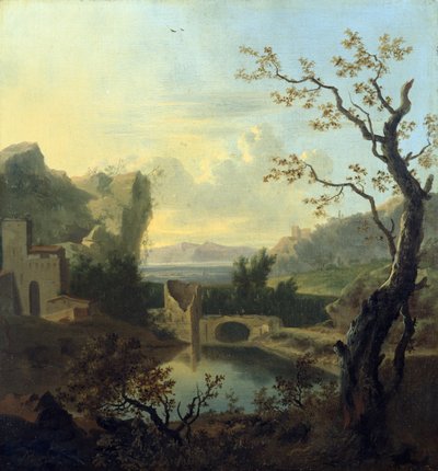Italiaans landschap met een verwoeste versterkte brug door Frederick de Moucheron