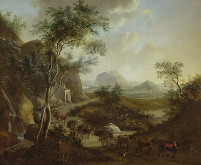 Landschap met een konvooi van paarden en karren door Frederick de Moucheron