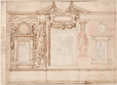 Ontwerp voor een muurschildering met ingeplakte schetsen naar Raphael (verso) door Frederico Zuccaro