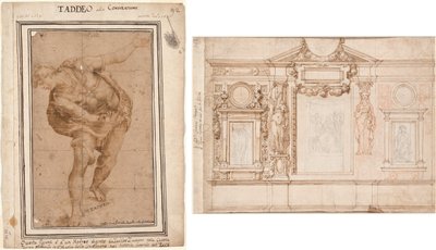 Een Hebreeër, uit Christus getoond aan het volk (recto); Ontwerp voor een muurschildering met ingeplakte schetsen naar Raphael (verso) door Frederico Zuccaro