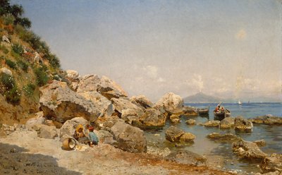 Op het strand, Capri met Vesuvius op de achtergrond door Frederico del Campo