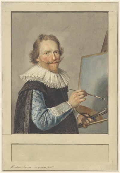Portret van Frederik Hendricksz. Vroom voor zijn schildersezel door Frederik Hendricksz. Vroom