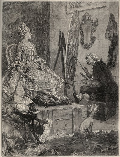 Francois Boucher (1703-1770) schildert het portret van Jeanne Antoinette Poisson, markiezin van Pompadour (bekend als Madame de Pompadour) door Frederik Hendrik (after) Kaemmerer