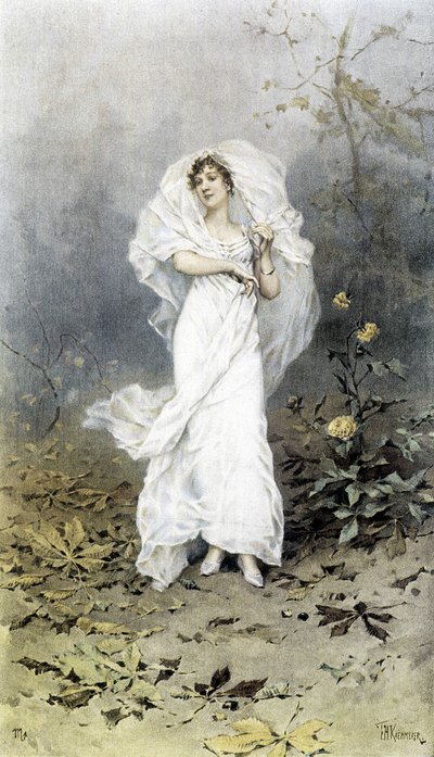 Vrouw in een bos - Allegorie van de herfst, kalender geïllustreerd door Hubert Dys, geschilderd door F.H. Kaemmerer door Frederik Hendrik Kaemmerer