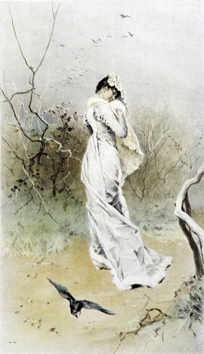 Vrouw in een bos - allegorie van de vroege winter, kalender geïllustreerd door Hubert Dys, geschilderd door F.H. Kaemmerer door Frederik Hendrik Kaemmerer