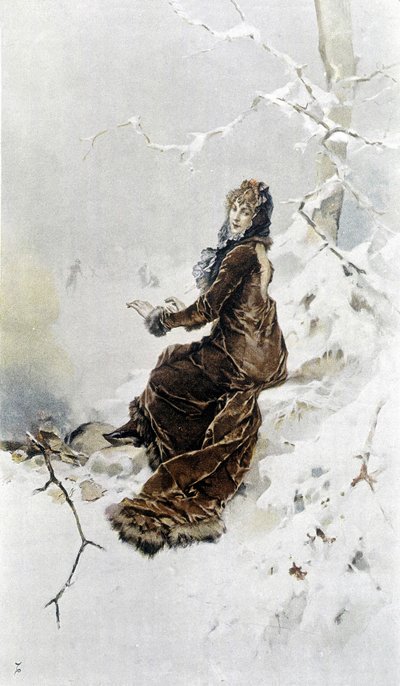 Vrouw in de sneeuw: Allegorie van de winter, kalender geïllustreerd door Hubert Dys, geschilderd door F.H. Kaemmerer door Frederik Hendrik Kaemmerer