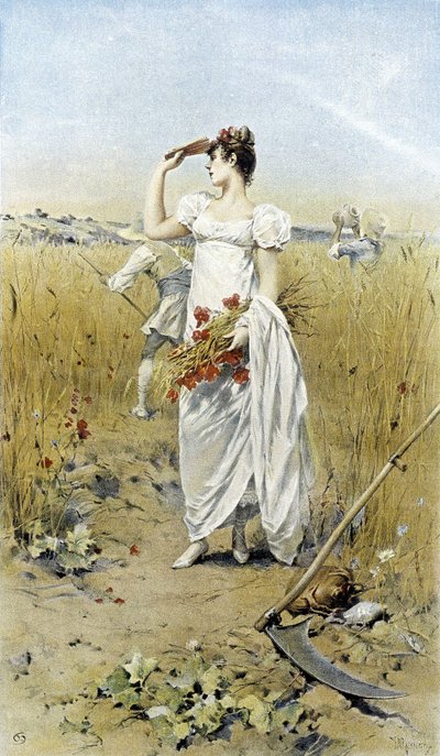 Vrouw met tarwe en klaprozen - late zomer allegorie, kalender geïllustreerd door Hubert Dys, geschilderd door F.H. Kaemmerer door Frederik Hendrik Kaemmerer