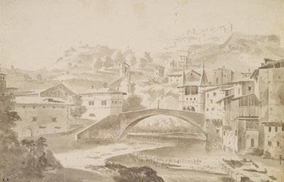 Vienne, nabij Lyon. Pont Saint-Martin over de rivier Gére. Links Prieuré de Saint-Martin, rechts Porte de la Rochette en kasteel Pipet door Frederik de Moucheron