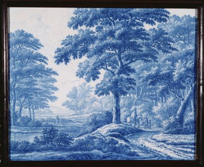 Een zeer zeldzame Nederlandse Delft blauw en wit rechthoekige plaquette, met weggebruikers op een weg in een bosrijk landschap door Frederik van Frijtom