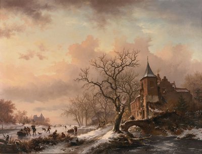 Kasteel in een winterlandschap en schaatsers op een bevroren rivier door Fredrik Marinus Kruseman