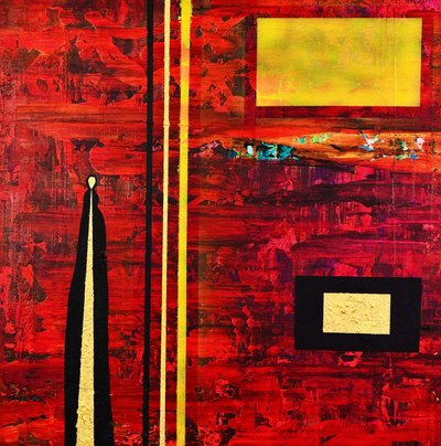 Abstracte figuur in rood en goud door Fredrik Olsen