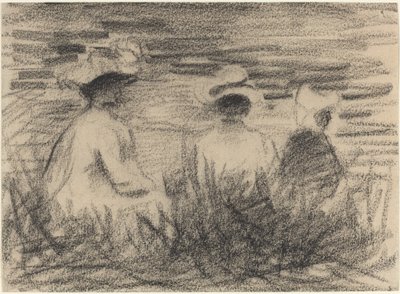Drie figuren zittend in een weide, gezien van achteren door French 19th or 20th Century