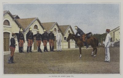 Cavalerist oefent het bestijgen van een paard door French Photographer