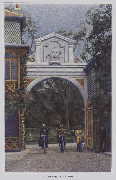 Fietsers keren terug naar het Chateau de Madrid in het Bois de Boulogne, Parijs, na een rit (kleur foto) door French Photographer