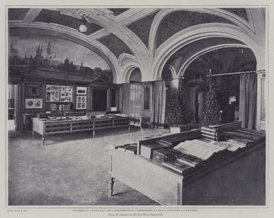 Ingang van de grote hal van de tentoonstelling van drukwerk en boeken in het Duitse paviljoen op de Exposition Universelle 1900, Parijs (zwart-wit foto) door French Photographer