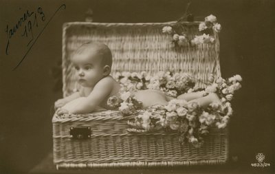 Ansichtkaart van een baby in een rieten mand met bloemen, verzonden in januari 1913 door French Photographer
