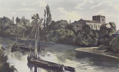 Saint-Denis-de-Pile, Kerk, geheel aan de oevers van de Isle door French Photographer