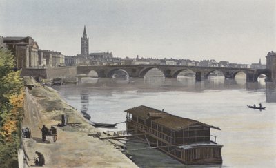 Toulouse, Pont-Neuf en Kerk N D, de Dalbade, Uitzicht stroomafwaarts, genomen op de rechteroever van de Garonne door French Photographer