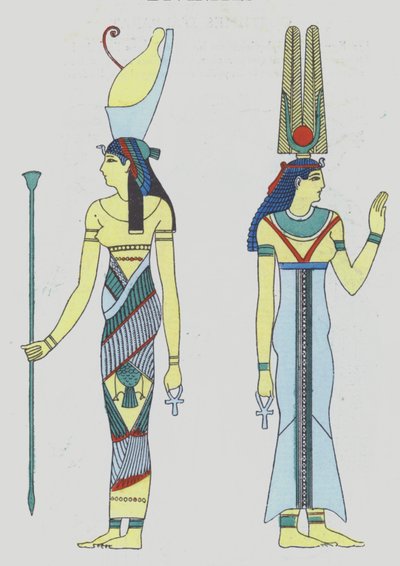Afbeelding uit 1920 van godheden uit het oude Egypte (kleurenlitho) door French School