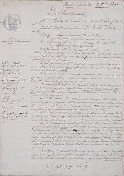 2e contractdocument met betrekking tot La Comedie Humaine tussen Honore de Balzac (1799-1850) en Hetzel, Paulin, Dubochet en uitgever Charles Furne, 2 oktober 1841 door French School