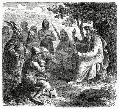 Een bard die voordraagt aan Noormannen, c.1882 door French School