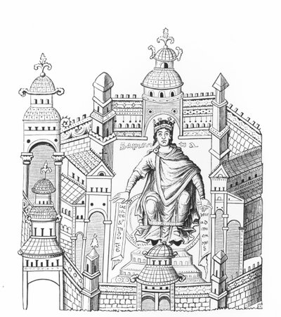Een Karolingische koning in zijn paleis, personificatie van Wijsheid die een beroep doet op het hele menselijk ras, gekopieerd door Graaf Horace de Viel-Castel door French School