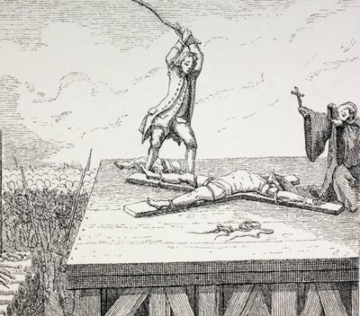 Een crimineel ter dood veroordeeld op een Sint-Andreaskruis in de 18e eeuw in Frankrijk, 1875 door French School