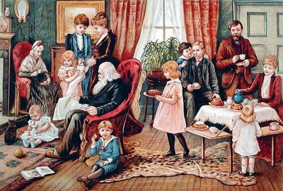 Een familie die thee drinkt, ca. 1900 door French School