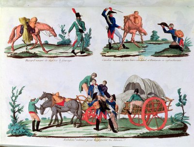 Een huzaar die voer draagt, een cavalerist en een infanterist die zijn dorst lest en een militaire ambulance (kleurgravure) door French School