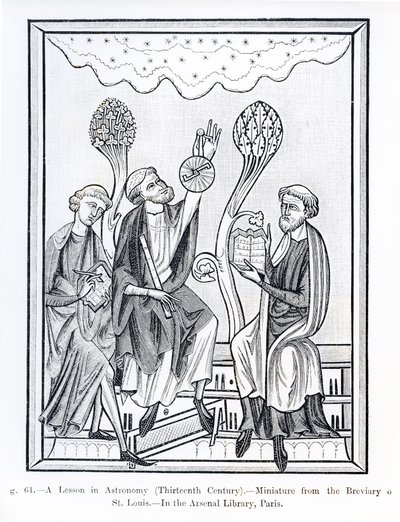 Een Les in Astronomie, uit het Brevier van St. Louis, illustratie uit Wetenschap en Literatuur in de Middeleeuwen en de Renaissance, geschreven en gegraveerd door Paul Lacroix, 1878 door French School
