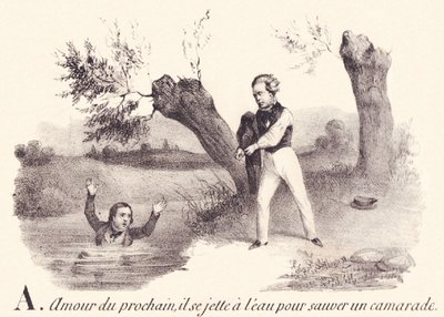 A: Liefde voor de naaste, hij springt in het water om een kameraad te redden door French School