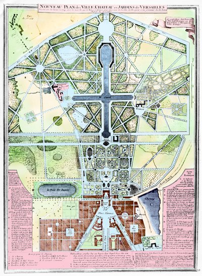 Een nieuw plan van de stad, het kasteel en de tuinen van Versailles, 1714 door French School