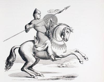 Een Normandische ridder gekleed in maliënkolder en helm met speer en schild door French School