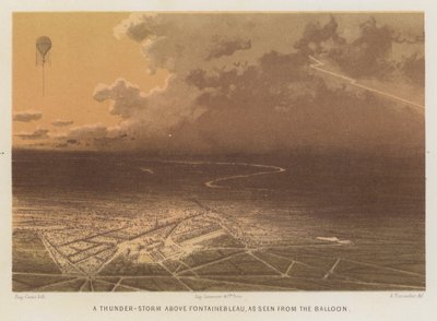 Een donderstorm boven Fontainebleau, gezien vanuit de ballon (kleurenlitho) door French School